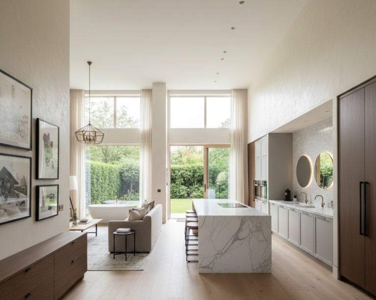 A stylish kitchen and living room with large windows, enhancing the openness and light in the design