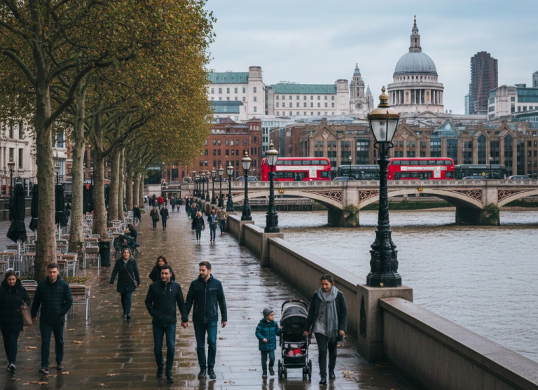 People walking along the Thames with St. Paul's Cathedral and red buses in the background, London scenery