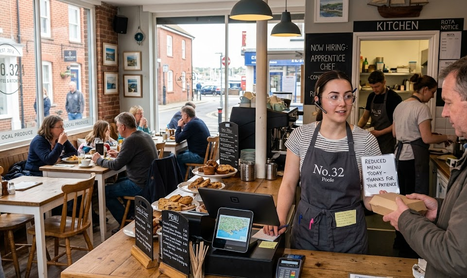 Busy cafe interior with staff serving customers, showcasing delicious pastries and local food menu, No.32 Poole